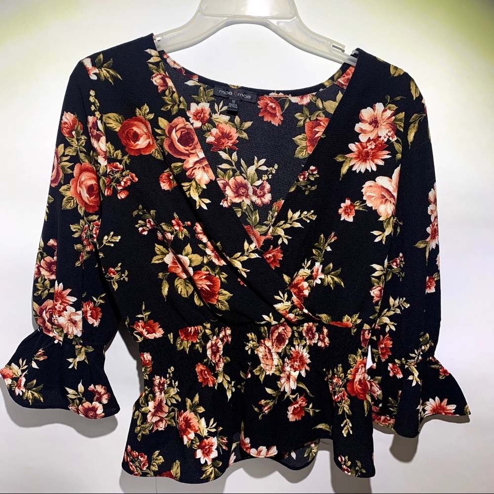 Long bell sleeve Floral black shirt blusa floreada